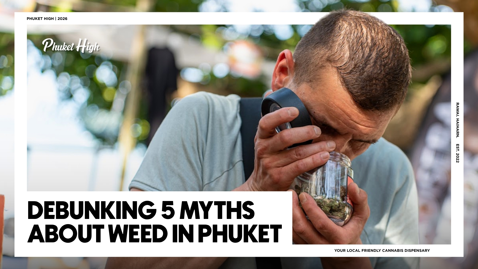 A man using a magnifying glass to inspect a jar of high-quality Weed in Phuket at Phuket High dispensary.